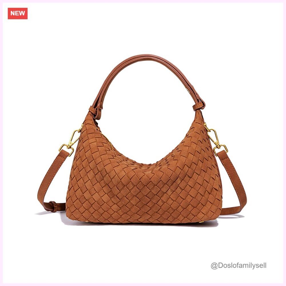 Woven Suede Hobo Bag Slouchy Crossbody Shoulder Purse Elegant Chic